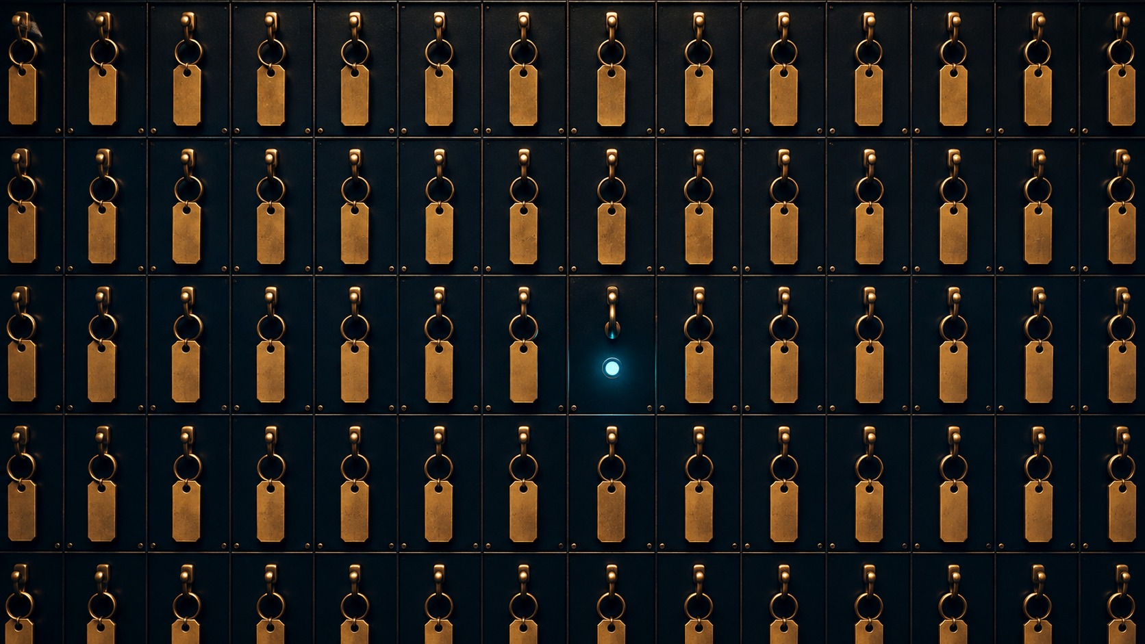 A frontal grid of brass key tags, with one empty hook and a cyan indicator light